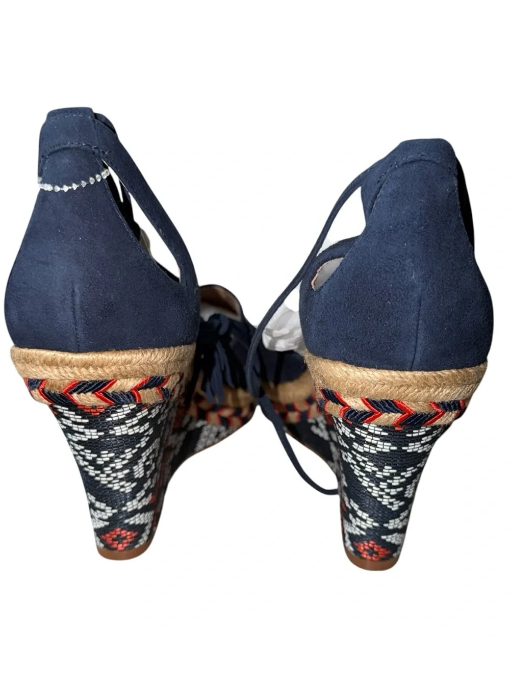 CAbi Navy Suede Espadrille Wedges with Tassel Ankle Tie